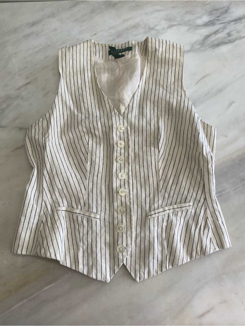 Lauren Ralph Lauren linen white Cream button up vest Top Black Pinstripes S